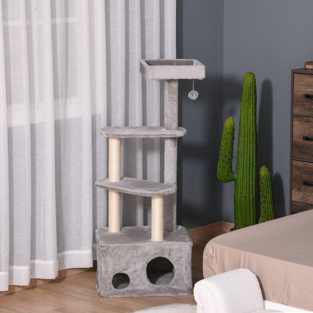 PawHut Cat Tree Kitten Tower 4-level Activity Centre Pet Furniture with Sisal Scratching Post Condo Plush Perches Hanging Ball Toys Grey