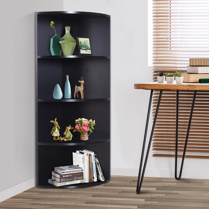 Wood Corner Shelf 4 Tier Unit Freestanding Bookshelf Plants Stand Display Shelf Modern Decoration Black