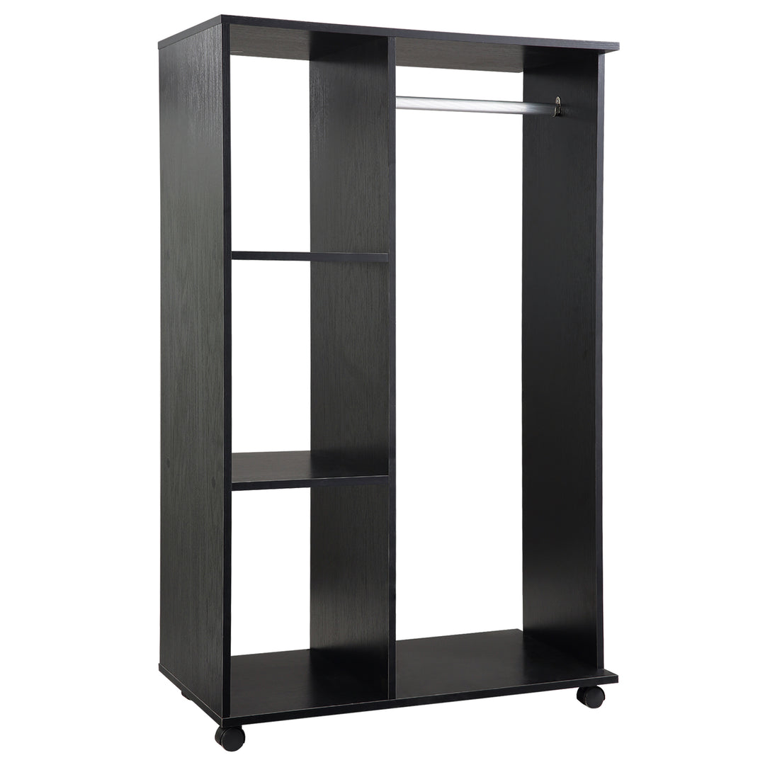 Open Wardrobe with Hanging Rail and Storage Shelves w/Wheels Bedroom- Black