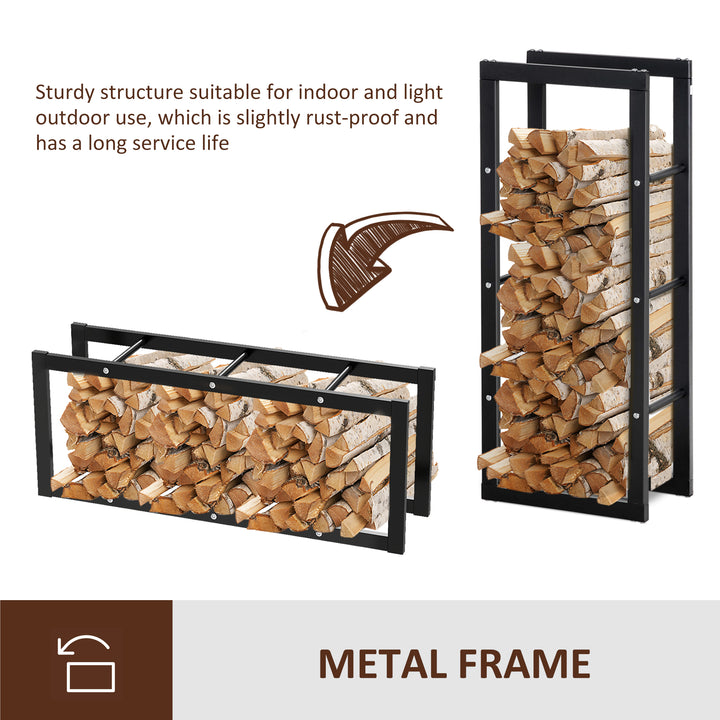 HOMCOM Metal Firewood Log Holder Tall Firewood Rack Indoor Outdoor Fireplace Wood Storage Shelf with Side Rails, Black, 40W x 25D x 100H cm