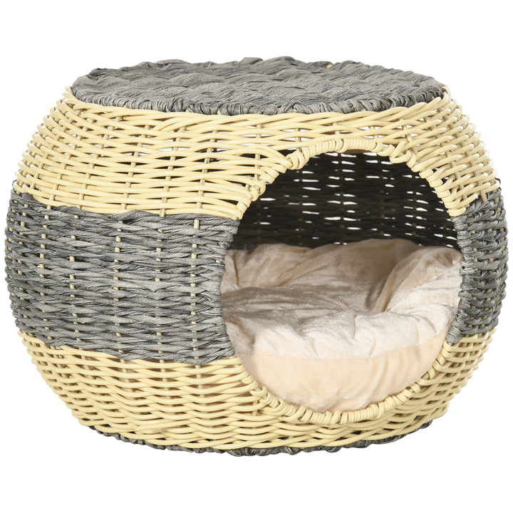 Wicker Cat House, Rattan Raised Cat Bed, Cosy Kitten Cave with Soft Washable Cushion, Φ40 x 30cm