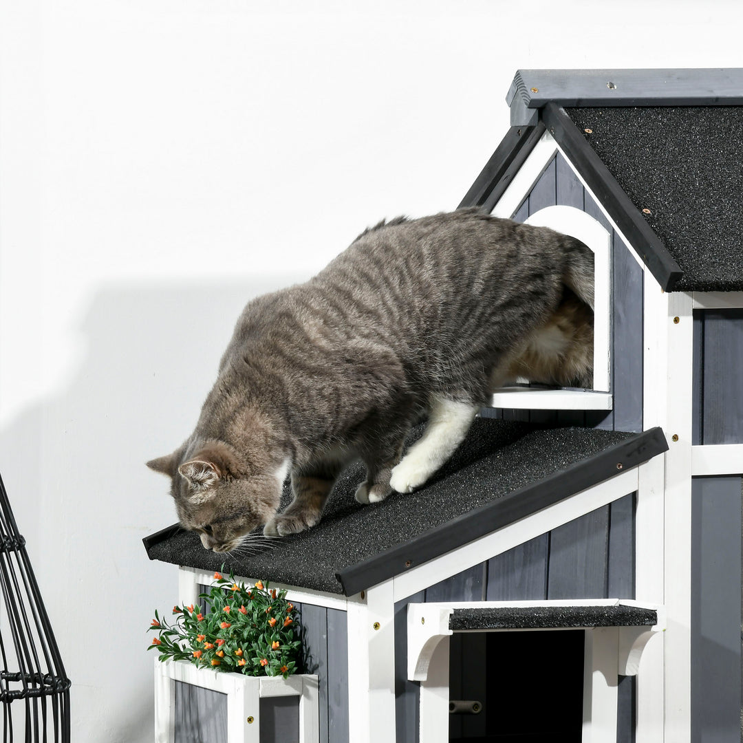 Wooden Cat House Outdoor with Shelter with Window, Water-resistant Roof, Grey