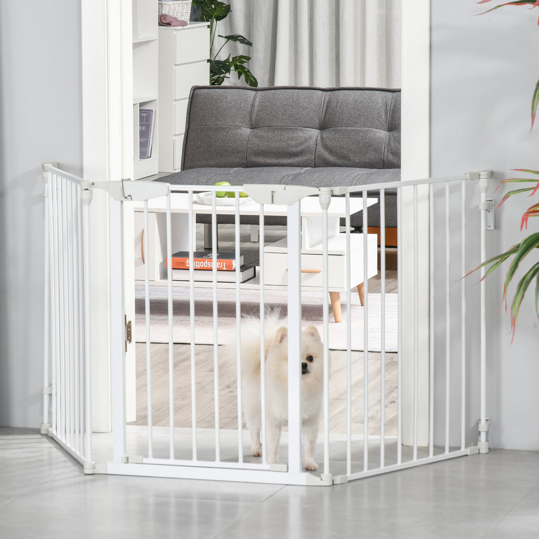 Pet Safety Gate 3-Panel Playpen Fireplace Christmas Tree Metal Fence Stair Barrier Room Divider w/Walk Through Door, White