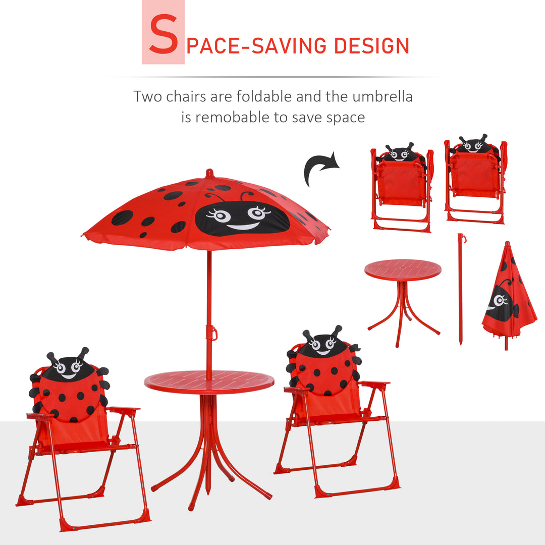 Kids Folding Picnic Table and Chairs Set Ladybug Pattern Outdoor w/ Parasol