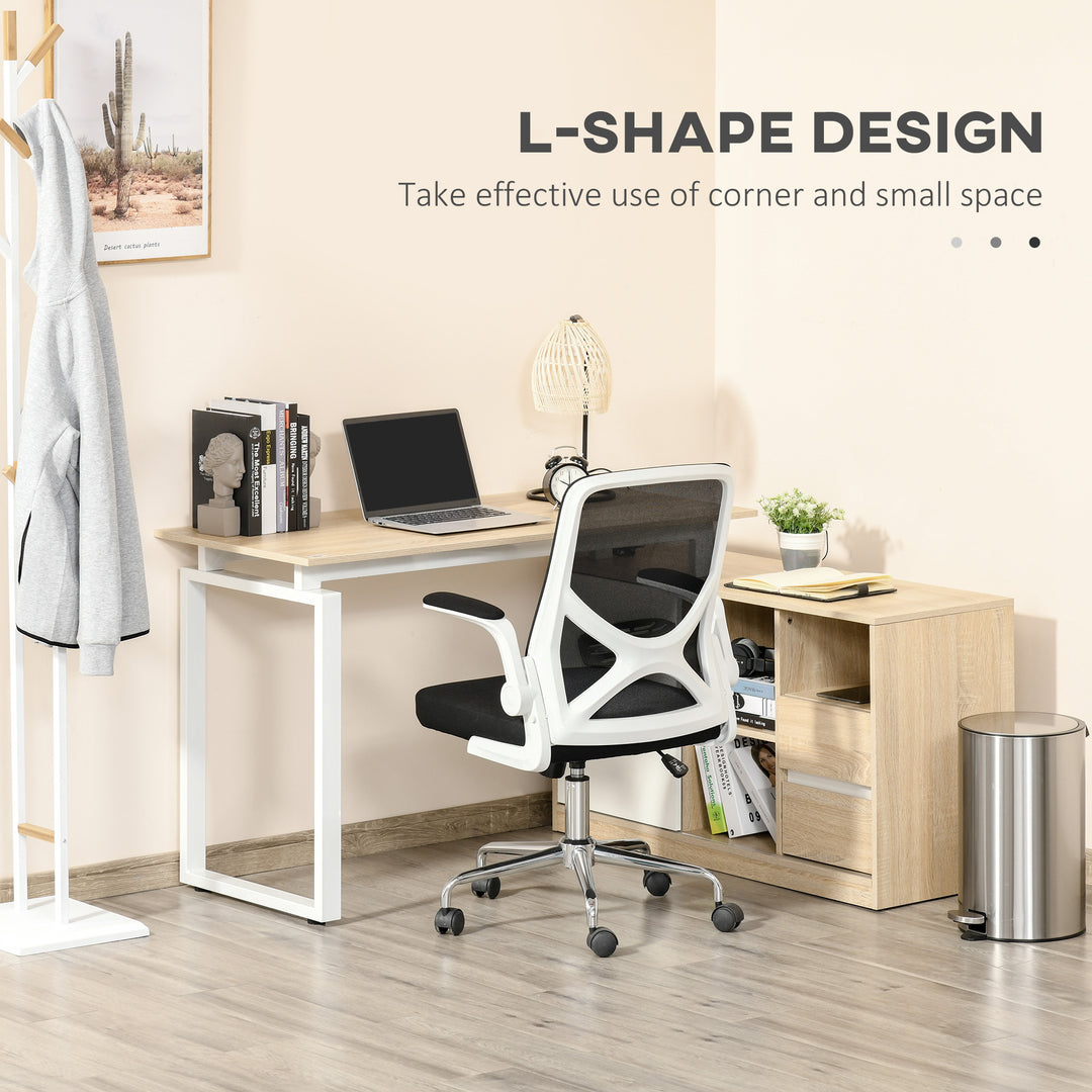 L-Shaped Home Office Writing Desk with Storage Shelf, Drawer, Corner PC Table Computer Workstation, Oak Beige White
