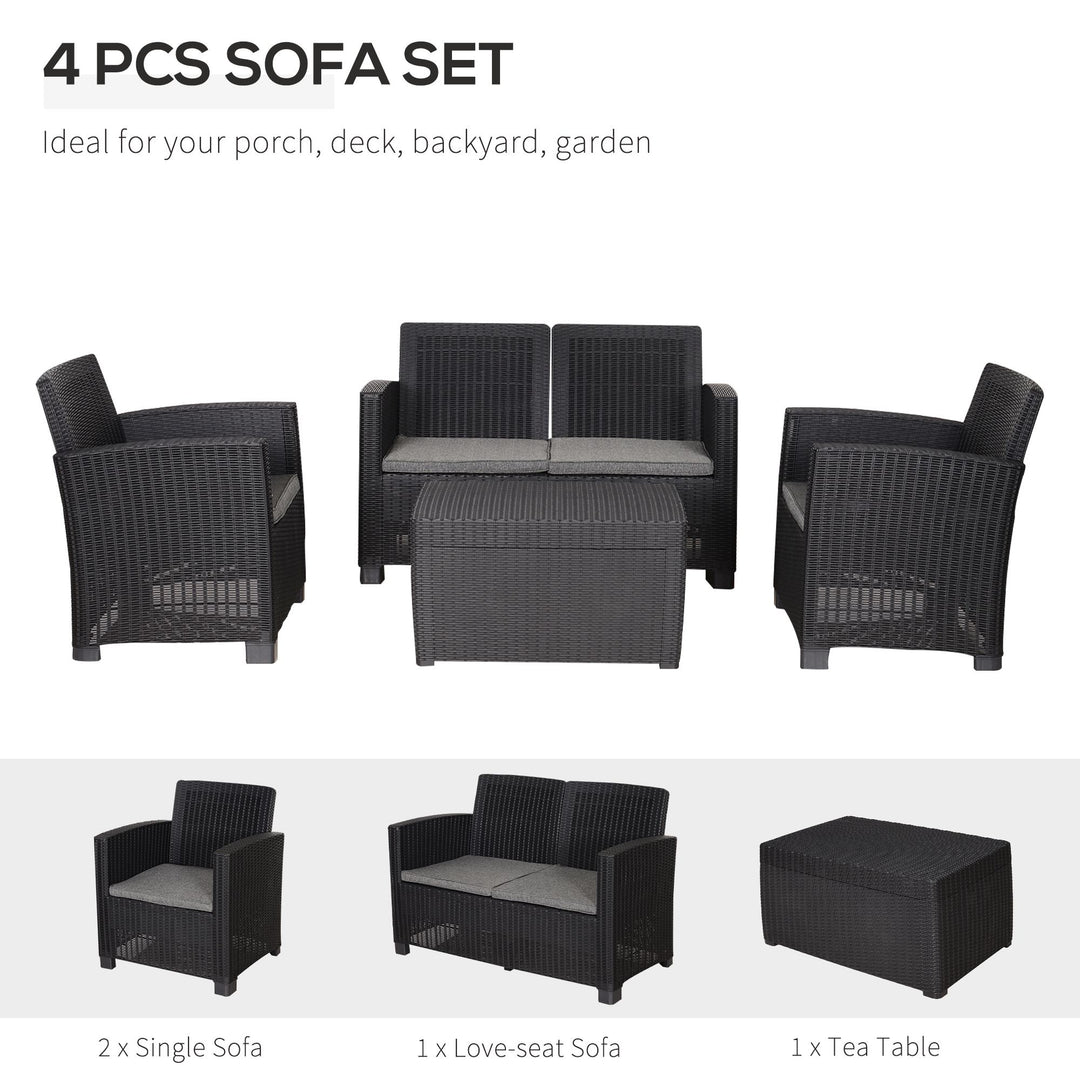 Garden PP Rattan Style Sofa Table Set 4 Seater Outdoor Patio 2 Single Chairs &amp; 1 Bench Conservatory Furniture Cushioned Black