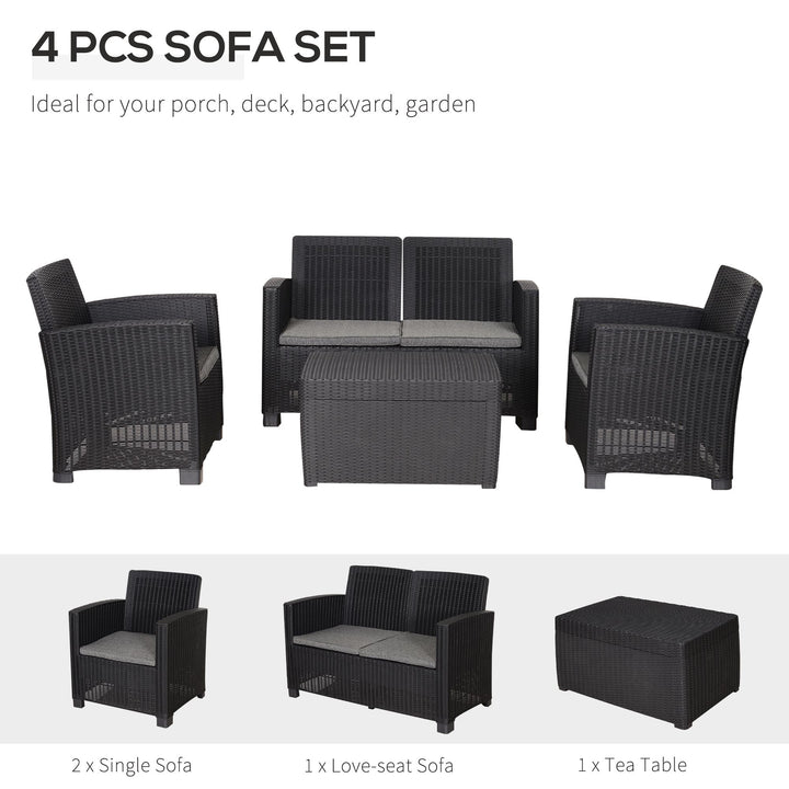 Garden PP Rattan Style Sofa Table Set 4 Seater Outdoor Patio 2 Single Chairs &amp; 1 Bench Conservatory Furniture Cushioned Black
