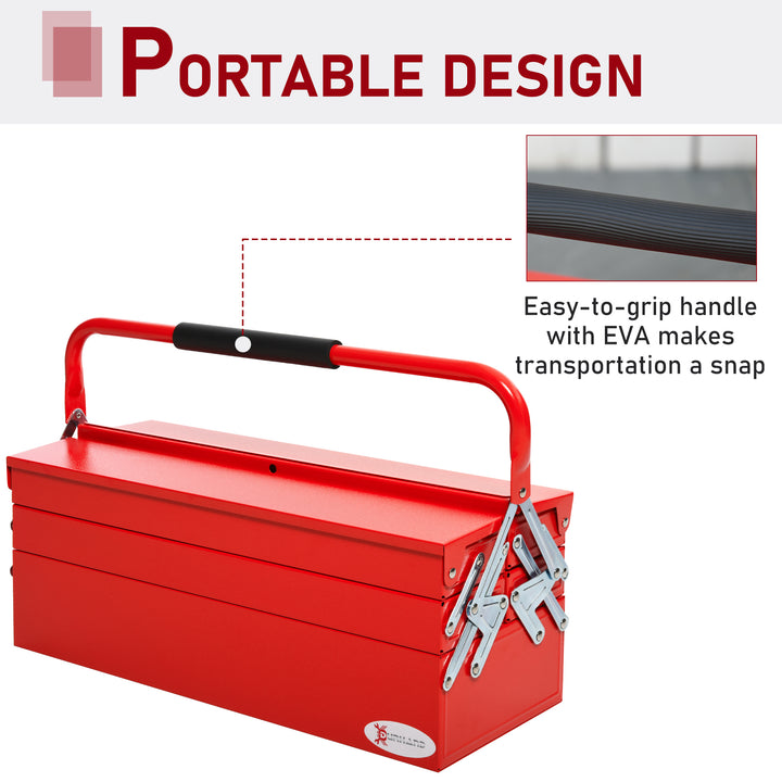 DURHAND Metal Tool Box 3 Tier 5 Tray Professional Portable Storage Cabinet Workshop Cantilever Toolbox with Carry Handle, 57cmx21cmx41cm, Red