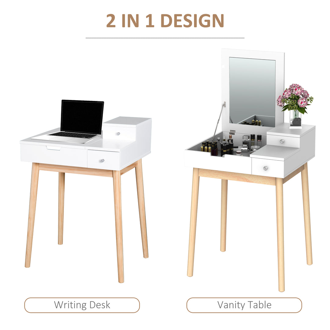 Pine Dressing Table Desk Flip-up Mirror Multi-purpose 2 Drawers Modern - White