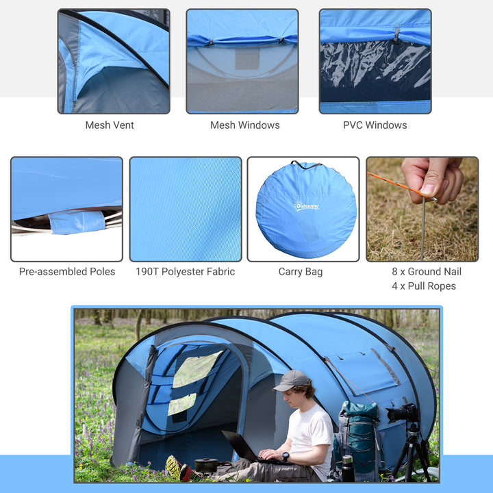 4-5 Person Pop-up Camping Tent Waterproof Family Tent w/ 2 Mesh Windows & PVC Windows Portable Carry Bag for Outdoor Trip Sky Blue