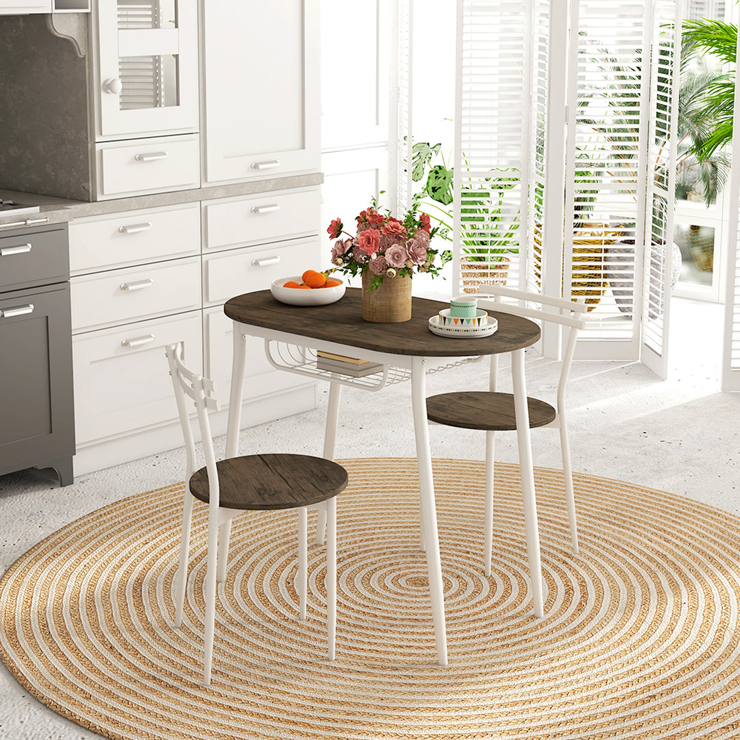 3-Piece Dining Table and Chairs Set, Oval Kitchen Table with 2 Chairs, with Wire Storage Shelf and Steel Frame, Natural