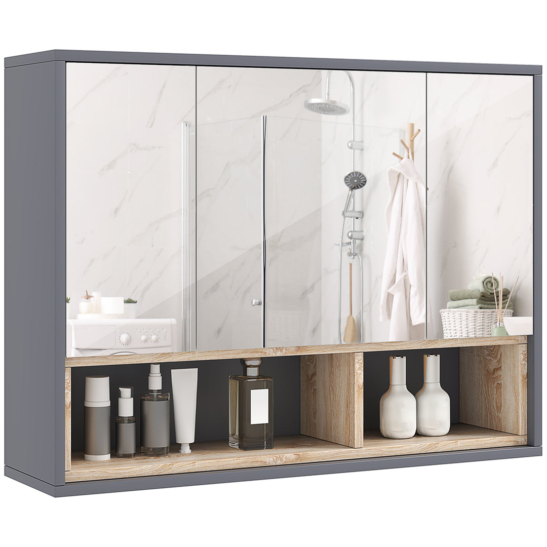 Bathroom Mirror Cabinet, Wall Mounted Bathroom Cabinet with Mirror, 3 Doors and Cupboards, Grey