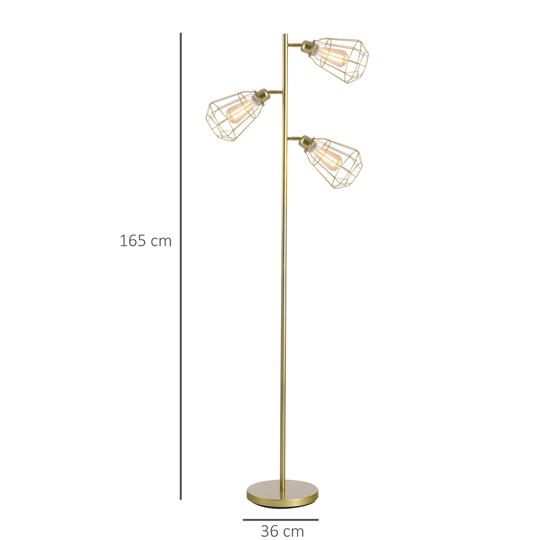 Retro Practical Tree Floor Lamp 3 Angle Adjustable Lampshade Steel Base for Living Room Bedroom Office Gold 165cm