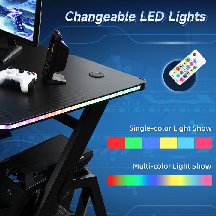 Gaming Desk Racing Style Home Office Ergonomic Computer Table Workstation with RGB LED Lights,  Black