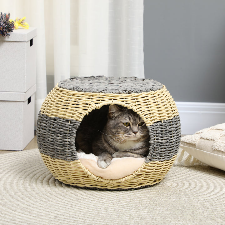 Wicker Cat House, Rattan Raised Cat Bed, Cosy Kitten Cave with Soft Washable Cushion, Φ40 x 30cm