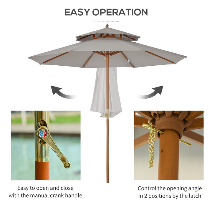 Outsunny 2.7 m Double Tier Outdoor Patio Garden Sun Umbrella Sunshade Wooden Parasol Grey Shade Canopy