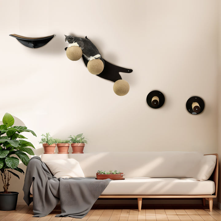 Wall Mounted Cat Shelves with Three Scratching Balls-Tawny Brown