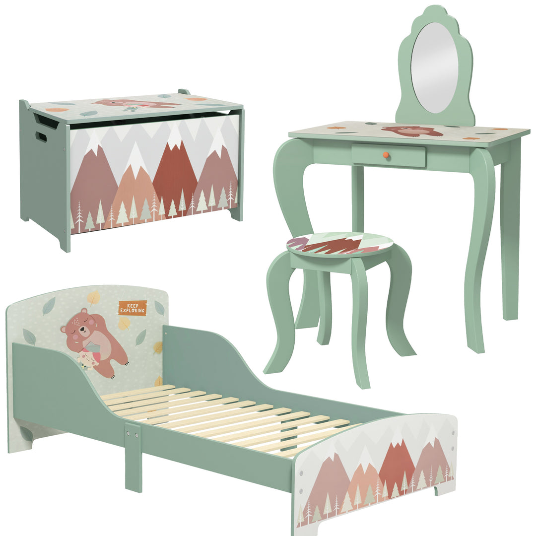 Kids Bedroom Furniture Set Includes Bed Frame, Table with Mirror &amp; Stool for Ages 3-6 Years - Green