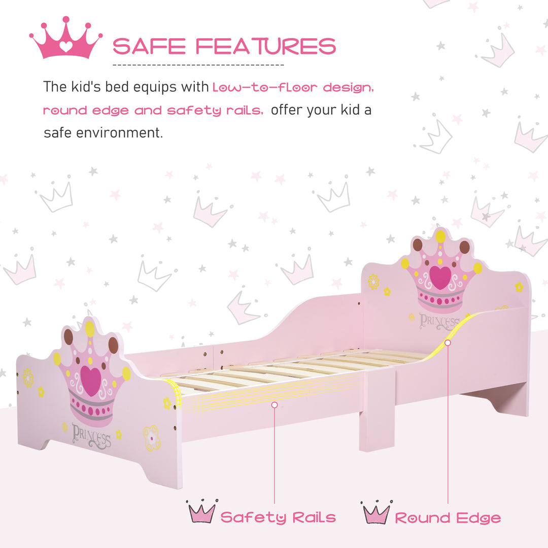 Kids Wooden Bed with Crown Modeling Safety Side Rails Easy to Clean Perfect Gift for Toddlers Girls Age 3 to 6 Years Old Pink