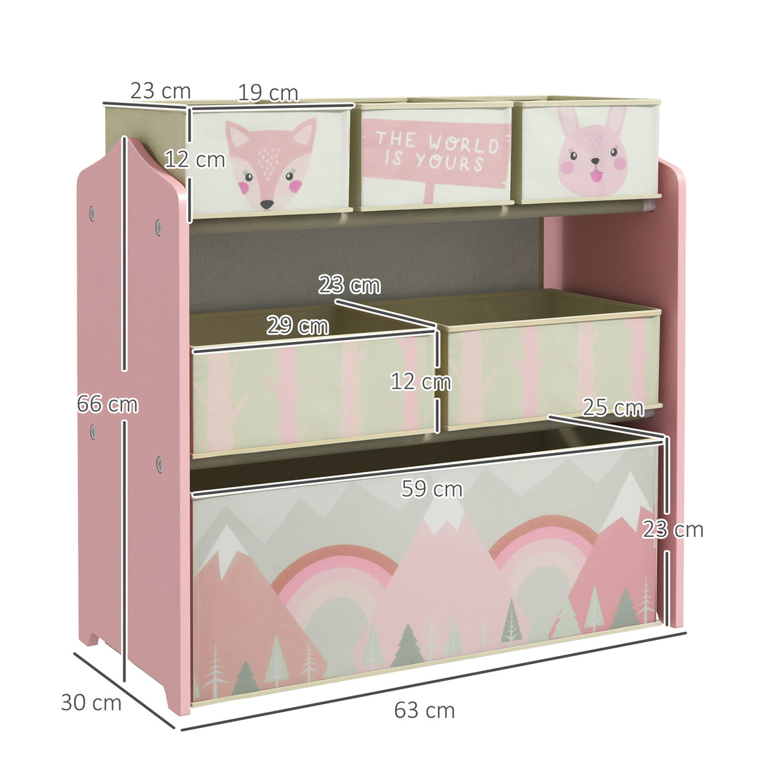 Kids Storage Units with 6 Fabric Bins, Childrens Toy Storage Organiser - Pink