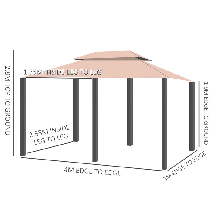Outsunny 4 x 3(m) Outdoor Gazebo Canopy Party Tent Garden Pavilion Patio Shelter w/ LED Solar Light, Double Tier Roof, Curtains, Steel Frame, Khaki