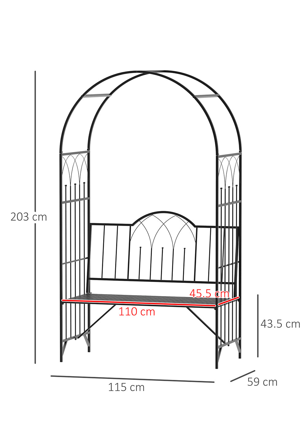 Garden Metal Arch Bench Outdoor Patio Rose Trellis Arbour Pergola for Climbing Plant Antique Style 2-Seater Chair, Black