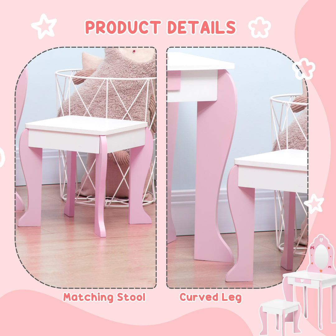 Kids Dressing Table Set Kids Vanity Set Girl Makeup Desk with Mirror Stool Drawer Cute Patterns for 3-6 Years Old, Pink