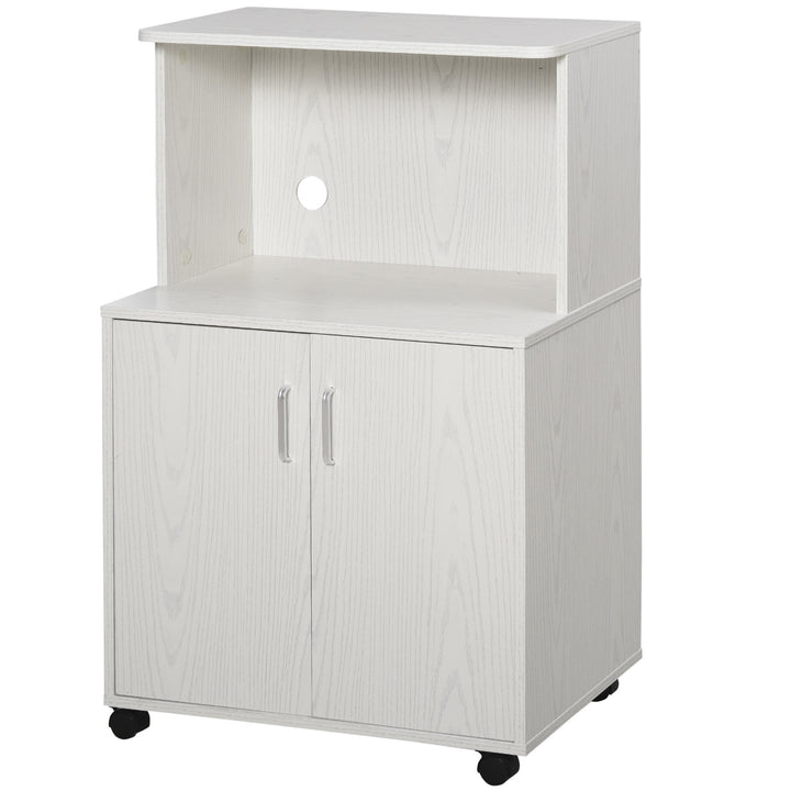 Microwave Cart on Wheels Utility Trolley Storage Sideboard Bookcase with 2-door Cabinet, 97H x 60.4W x 40.3Dcm, White