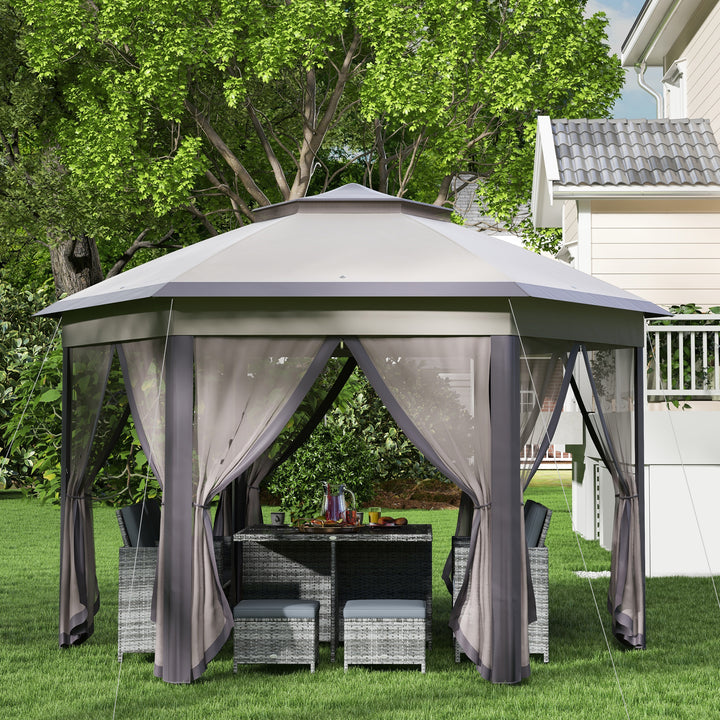 Outsunny Hexagon Patio Gazebo Pop Up Gazebo Outdoor Double Roof Instant Shelter with Netting, 4m x 4m, Beige