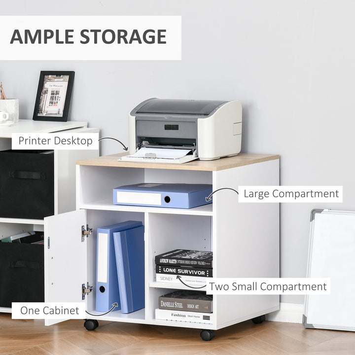Multi-Storage Printer Stand Unit Office Desk Side Mobile Storage w/ Wheels Modern Style 60L x 50W x 65.5H cm - Oak