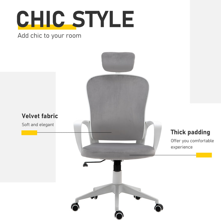 Vinsetto High-Back Swivel Chair Velvet Style Fabric Computer Home Rocking with Wheels, Rotatable Liftable Headrest, Grey