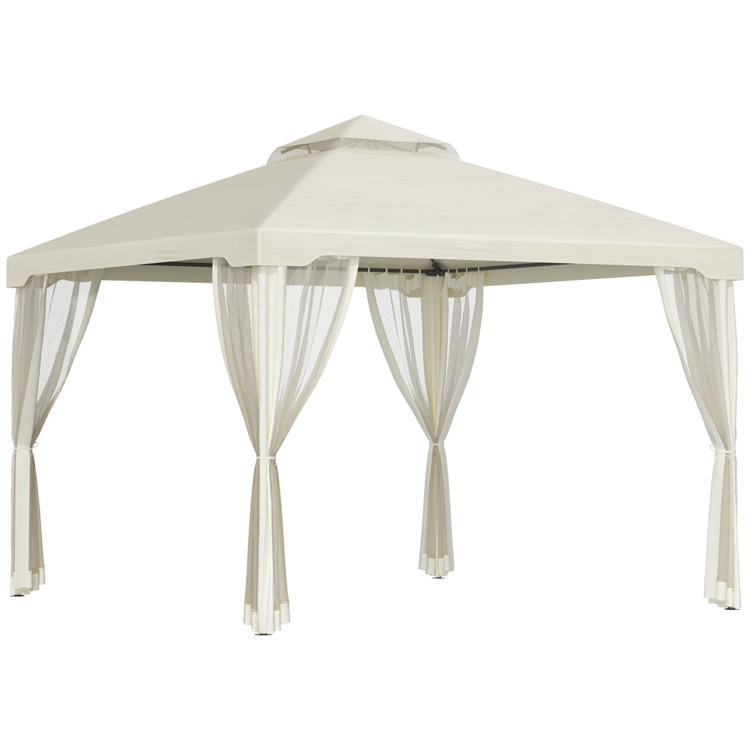 Outsunny 3 x 3 Meter Metal Gazebo Garden Outdoor 2-tier Roof Marquee Party Tent Canopy Pavillion Patio Shelter with Netting - Cream White