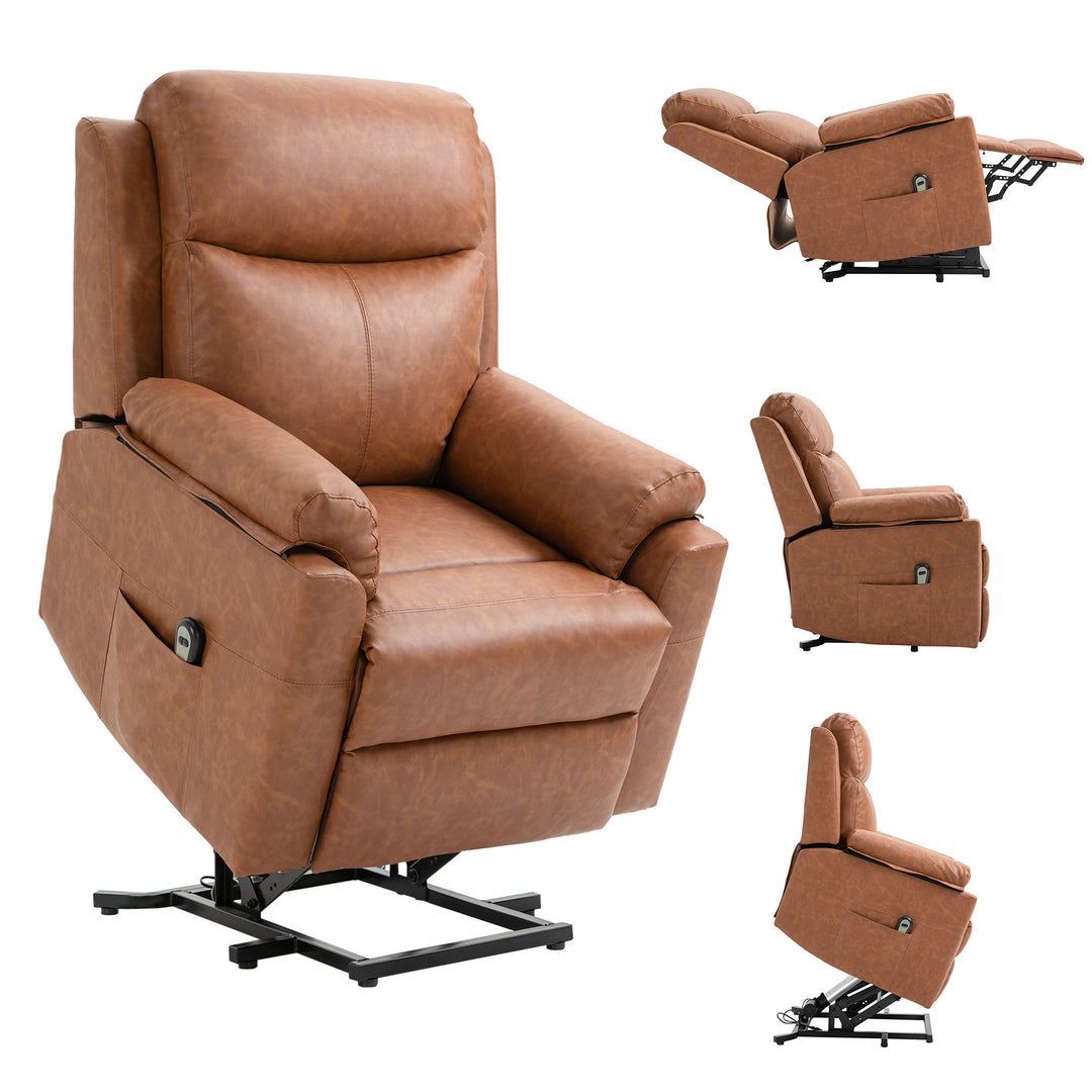 Power Lift Chair Electric Riser Recliner for Elderly, Faux Leather Sofa Lounge Armchair with Remote Control and Side Pocket, Brown