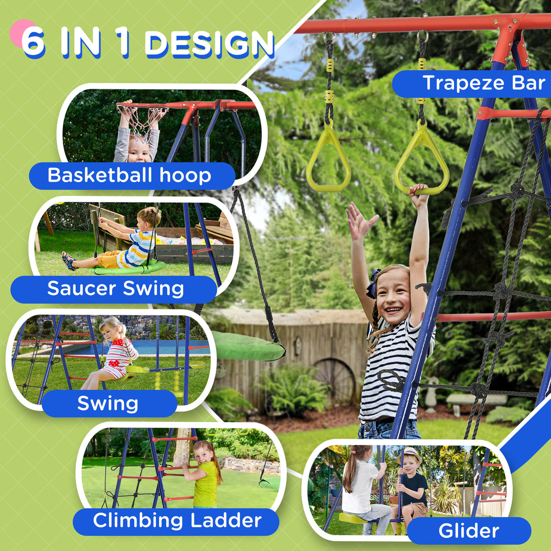 Metal Garden Swing Set, Climbing Frame, Glider, Trapeze Bar, Basketball Hoop