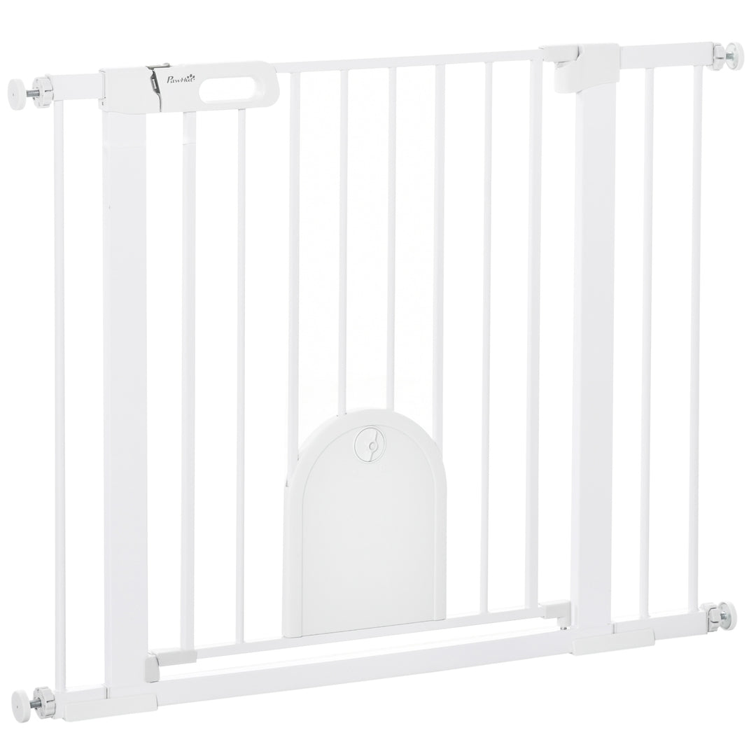 Dog Gate with Cat Flap Pet Safety Gate Barrier, Stair Pressure Fit, Auto Close, 75-103 cm White