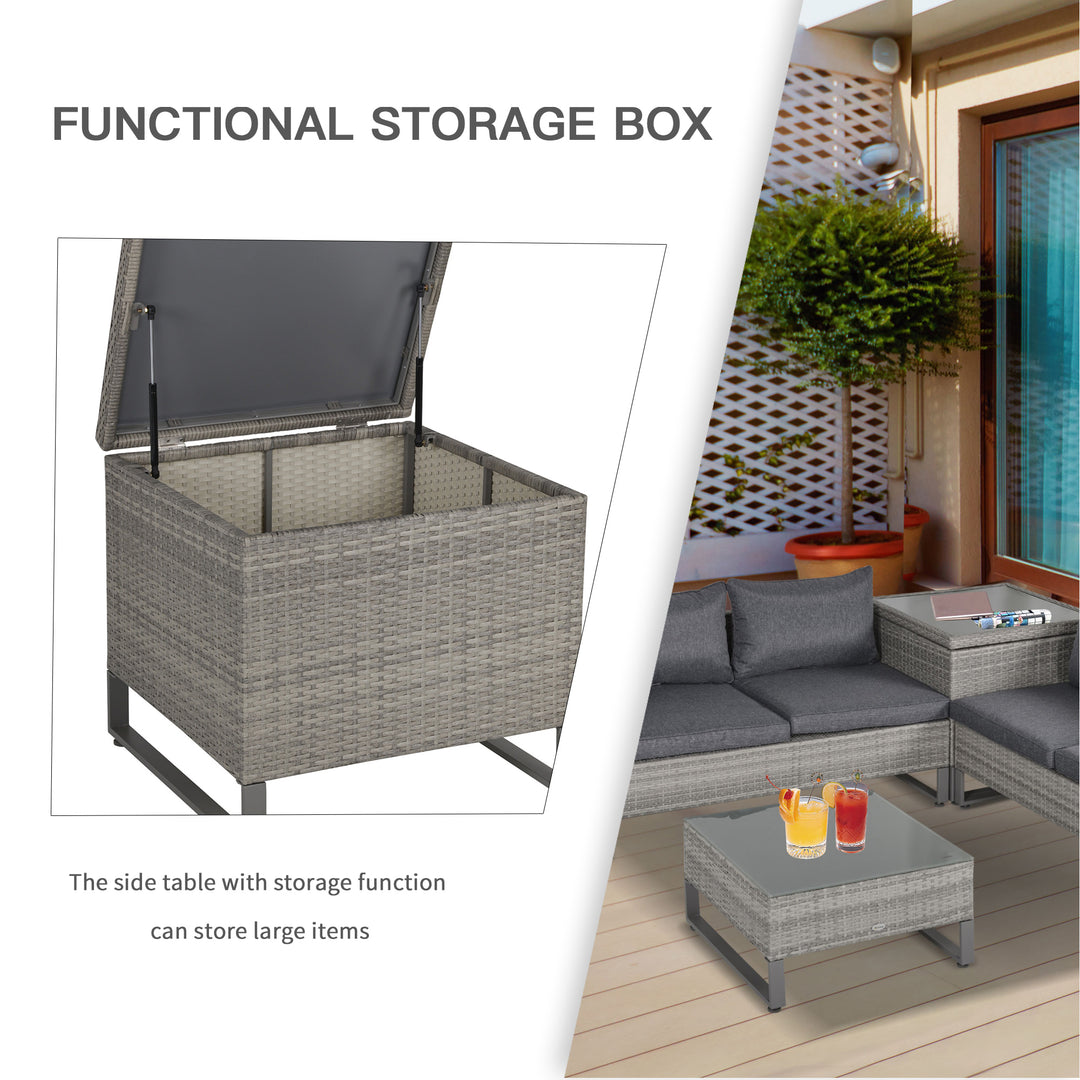 4-Seater PE Rattan Sofa Set Wicker Garden Furniture Outdoor Conservatory Furniture Coffee Table w/ Side Storage Box & Cushion, Grey