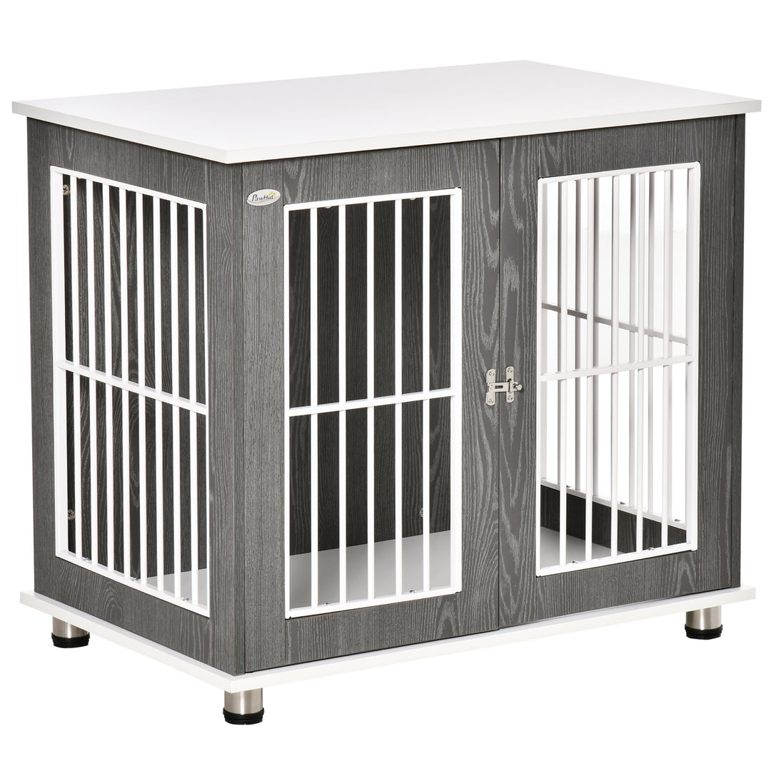 PawHut Dog Crate, Wooden Pet Kennel Cage with Lockable Door and Adjustable Foot Pads, Modern Design, Grey and White