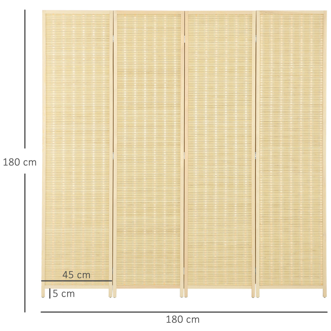 4 Panel Folding Room Divider Screen, Wall Panel Privacy Furniture, Freestanding Paravent Partition Separator for Bedroom, 180 x 180cm, Natural