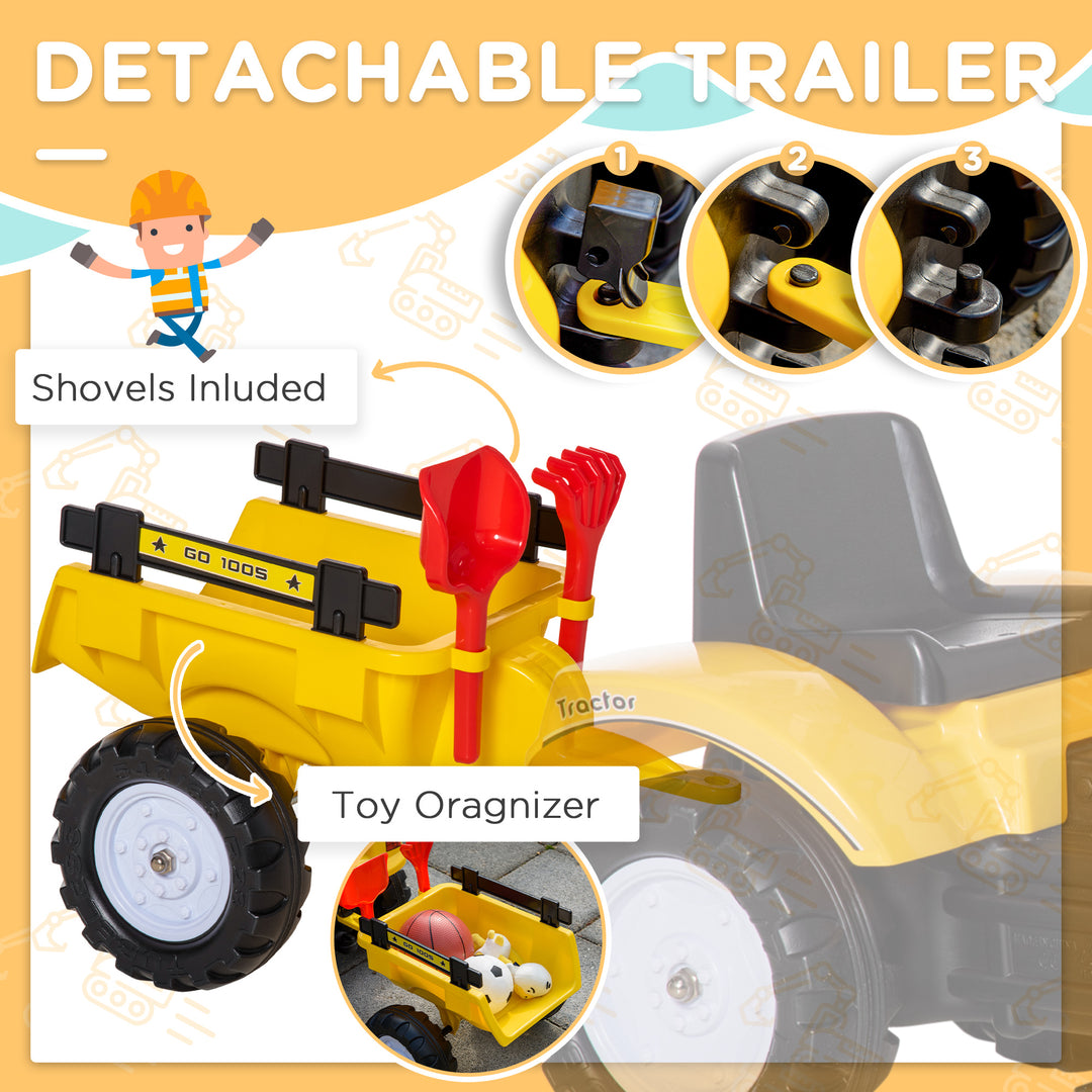 Ride-on Toy Pedal Digger Construction Car with Horn & Detachable Trailer, Yellow