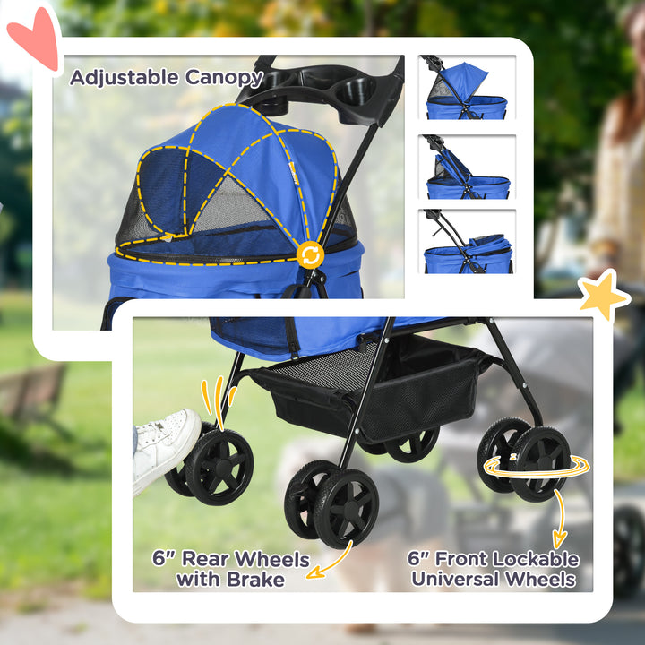 PawHut No-Zip Pet Stroller Dog Cat Travel Pushchair One-Click Fold Trolley Jogger with EVA Wheels Brake Basket Adjustable Canopy Safety Leash Blue