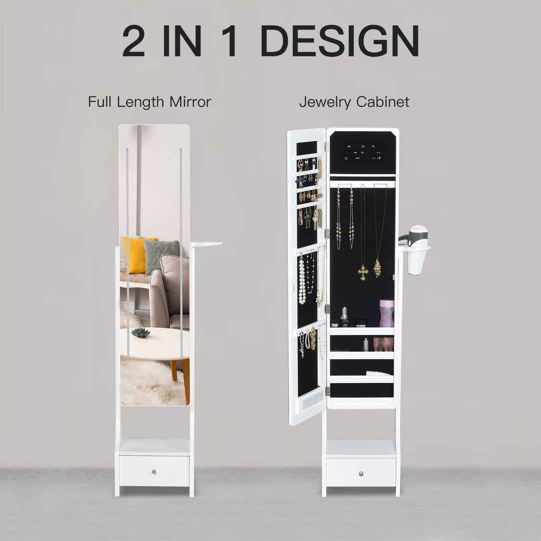 Freestanding Jewellery Cabinet Storage Mirror Armoire w/ LED Lights Hooks Drawer Hairdryer Holder Vanity Adjustable Bedroom Furnishing White