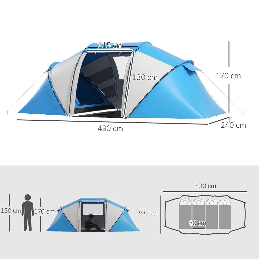 4-6 Man Camping Tent w/ Two Bedroom, Hiking Sun Shelter, UV Protection Tunnel Tent, Blue and White