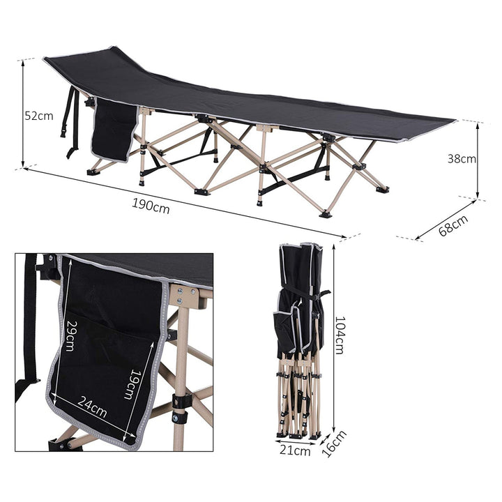 Single Person Camping Folding Cot Outdoor Patio Portable Military Sleeping Bed Travel Guest Leisure Fishing with Side Pocket, Black