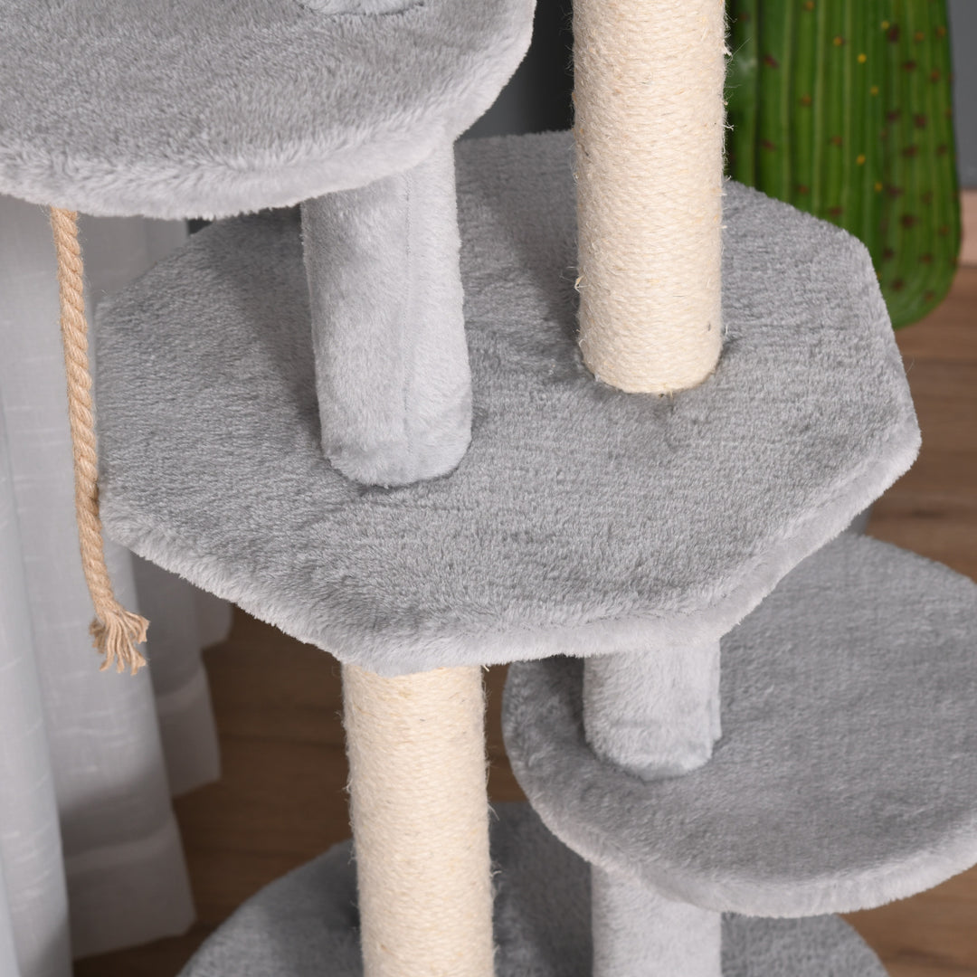 PawHut Cat Tree Kitten Tower Multi-level Activity Centre Pet Furniture with Scratching Post Condo Hanging Ropes Plush Perches Grey