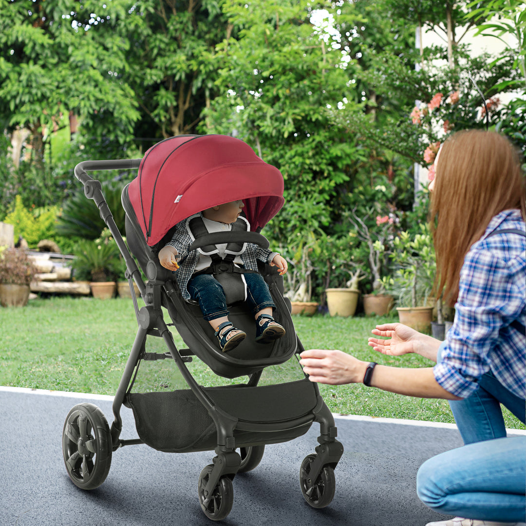 2 in 1 Lightweight Pushchair w/ Reversible Seat, Foldable Travel Baby Stroller w/ Fully Reclining From Birth to 3 Years, 5-point Harness Red