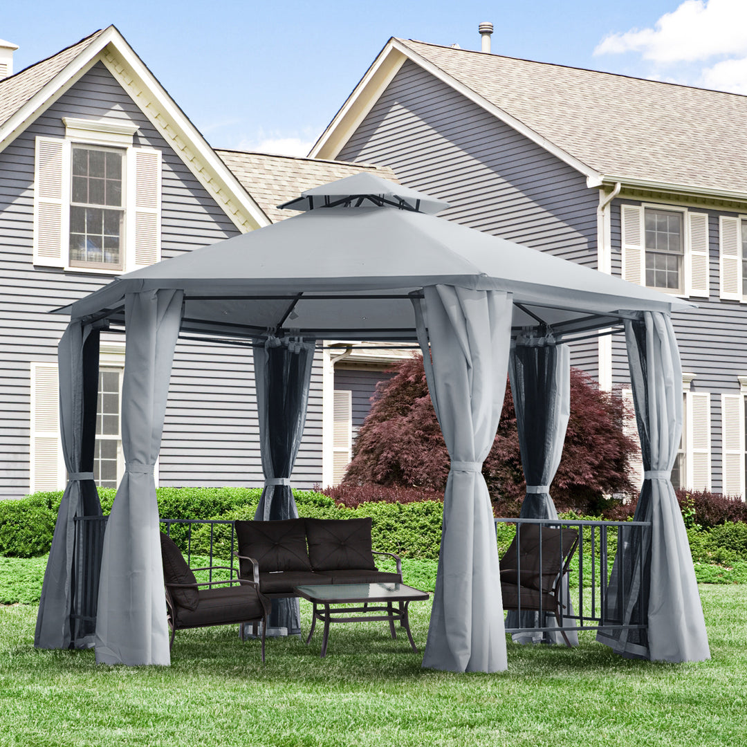 Outsunny Hexagon Gazebo Patio Canopy Party Tent Outdoor Garden Shelter w/ 2 Tier Roof & Side Panel - Grey