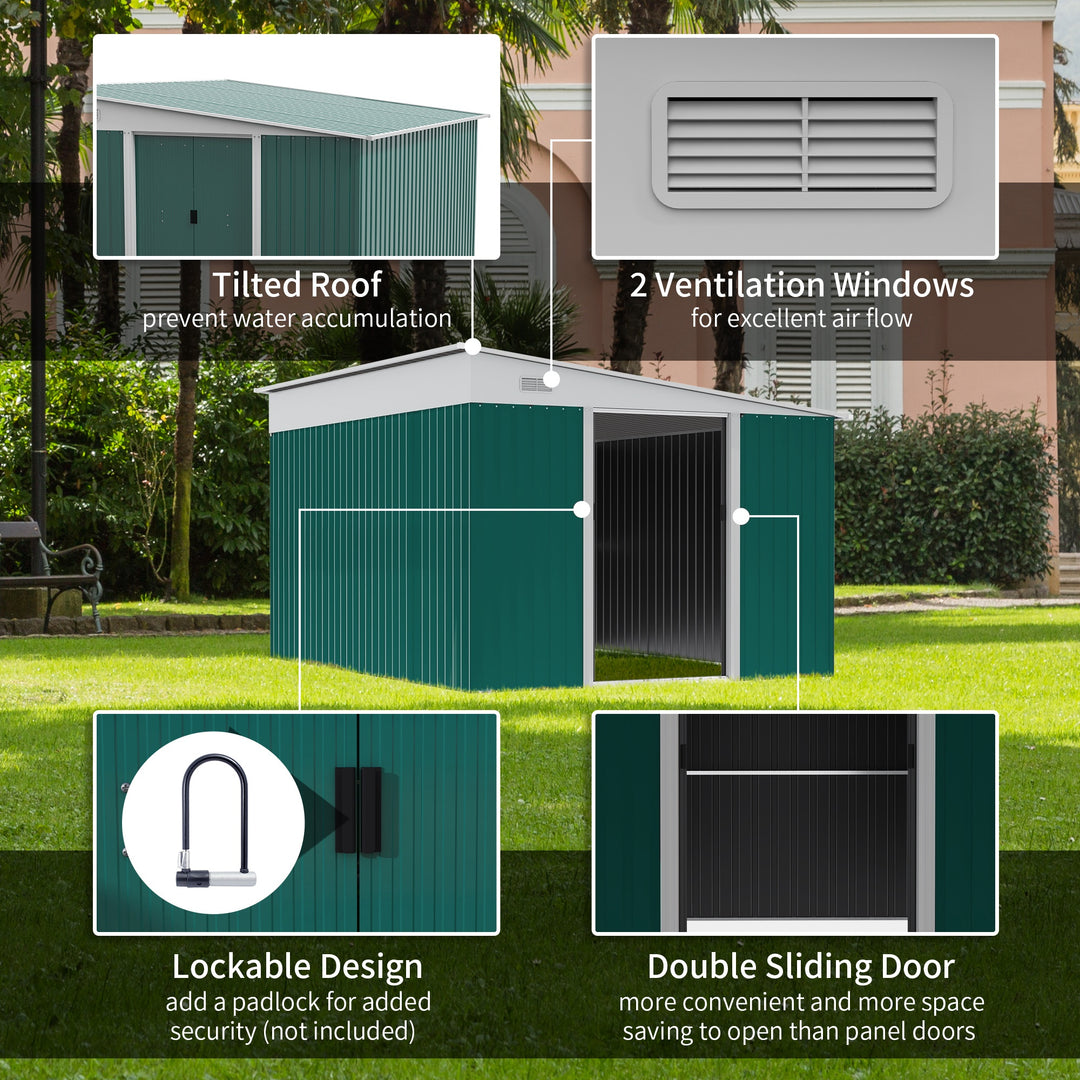 Garden Metal Storage Shed Tool House with Double Sliding Doors, 11.3x9.2ft, Green