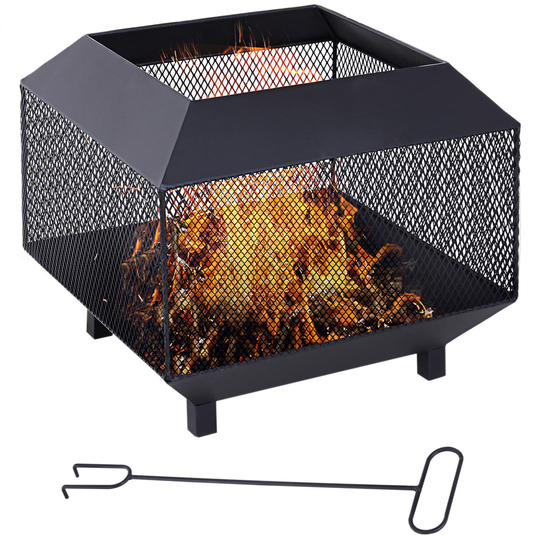 Outsunny Metal Square Fire Pit Outdoor Mesh Firepit Brazier w/ Lid, Log Grate, Poker for Backyard, Camping, Wood Burning Stove, 44 x 44 x 40cm, Black