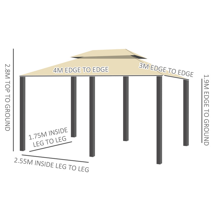 Outsunny 4m x 3(m) Metal Gazebo Canopy Party Tent Garden Pavillion Patio Shelter Pavilion with Curtains Sidewalls Beige