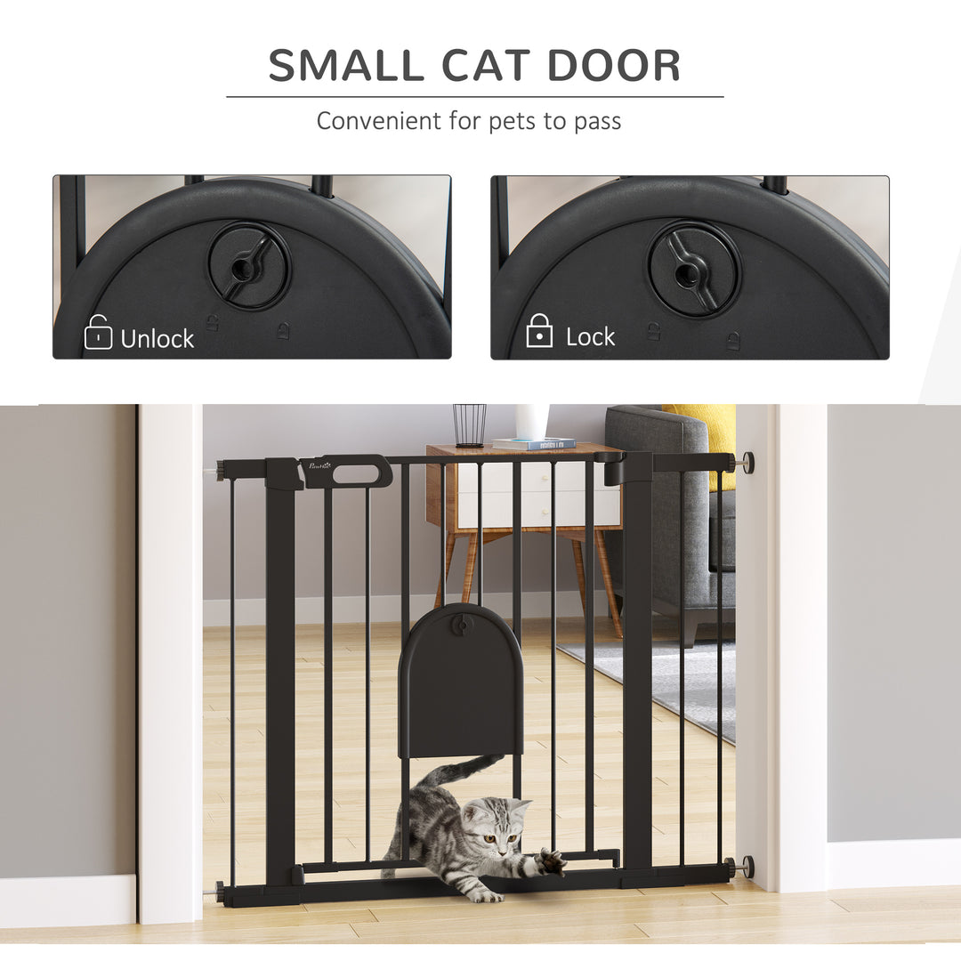 75-103 cm Extra Wide Pet Safety Gate Barrier, Stair Pressure Fit, w/ Small Door, Auto Close, Double Locking, for Doorways, Hallways, Black